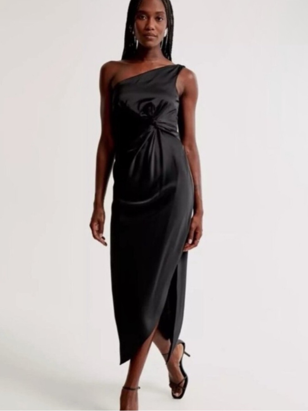 Abercrombie & Fitch One-Shoulder Satin Knotted Midi Dress Black Size Small